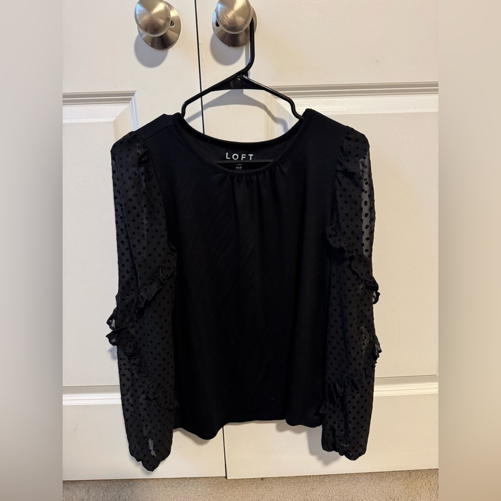 LOFT Black Blouse with Sheer Polka Dot Sleeves